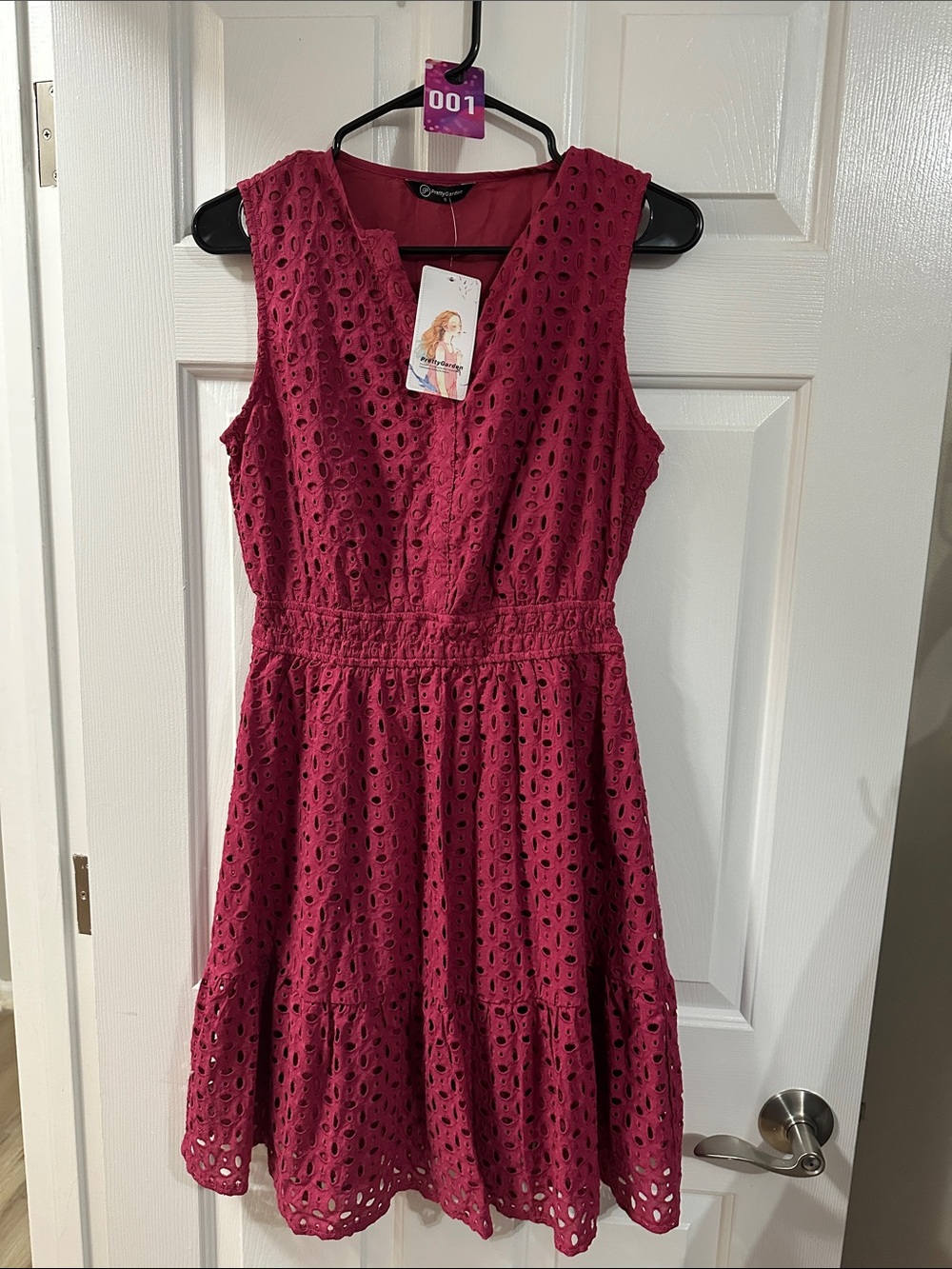PrettyGarden Eyelet Cutout Sleeveless Dress in Raspberry